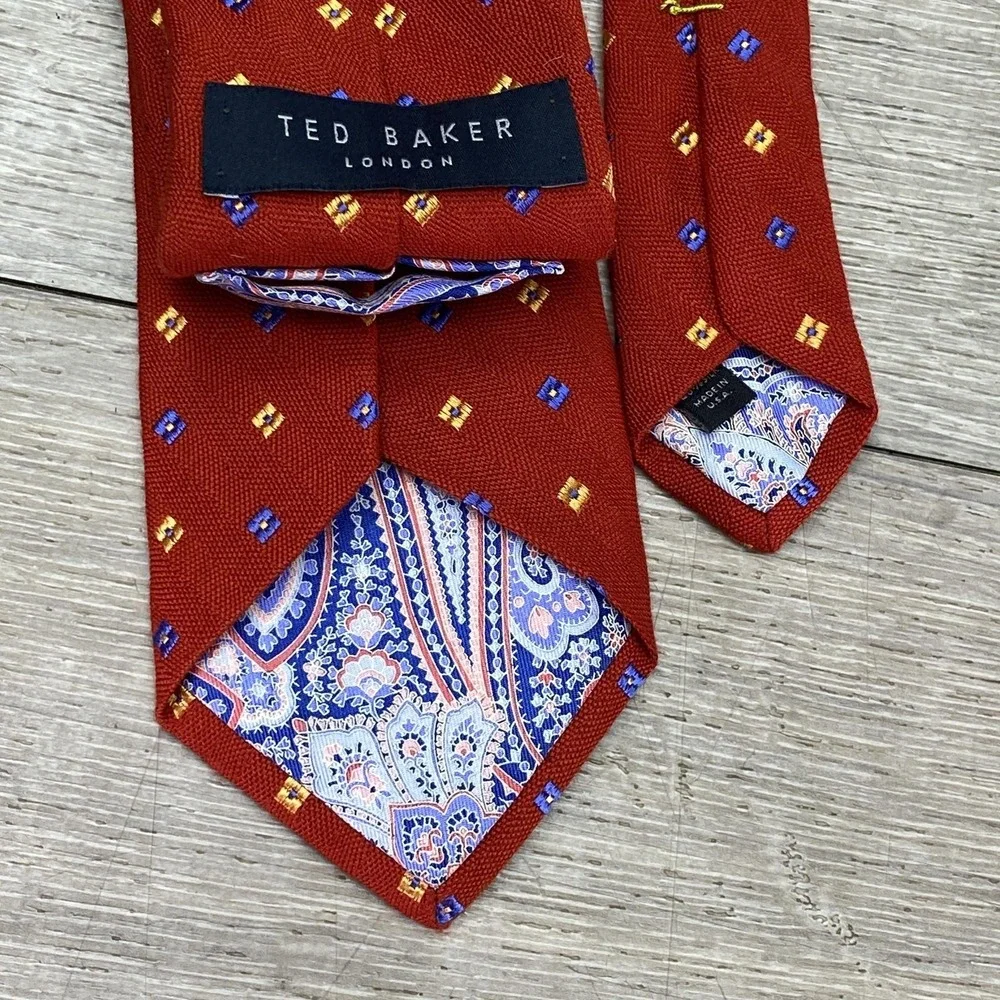 Ted Baker Tie Mens‎ One Size Red Geometric Wool Silk Necktie Made USA Classic